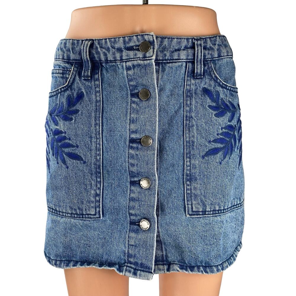 Rebecca Minkoff Blue Embroidered Leaf High Waist Button Fly Denim Jean Skirt 26